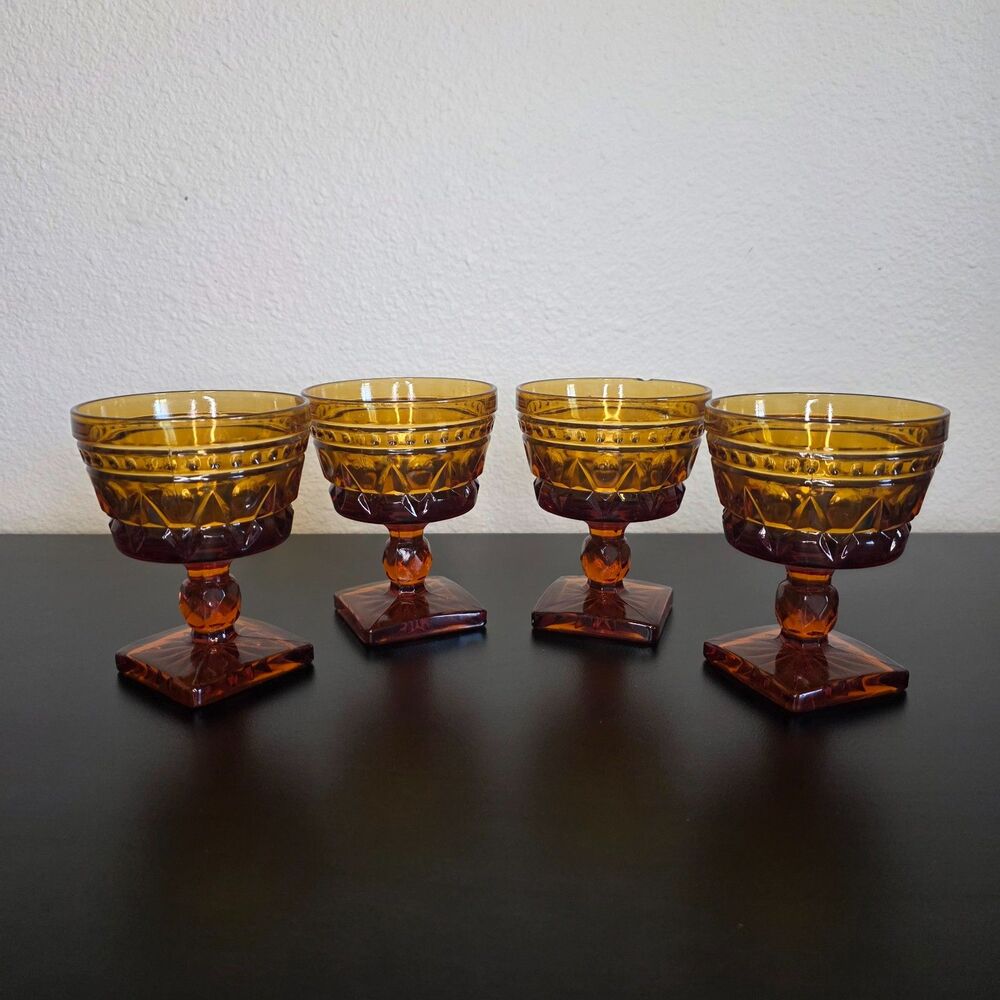 Vintage Indiana Glass Mt Vernon Amber Square Footed Sherbet Dessert Bowls Set 4